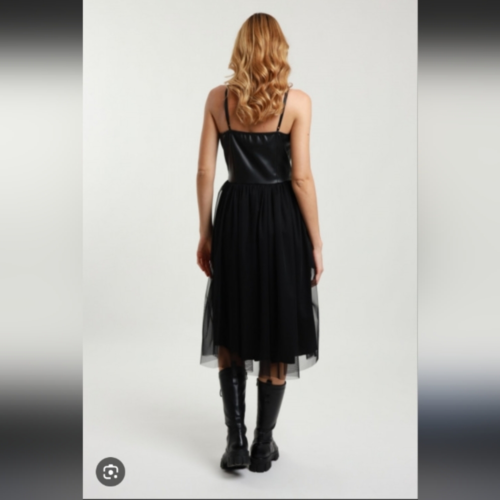 Banana Republic Black Leather and Chiffon Midi Dress.Pit To Pit 17". - Picture 2 of 8